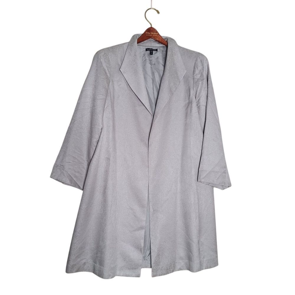 Eileen‎ Fisher Shimmer Jacquard Open Coat Jacket Silver Gray Medium Viscose Silk